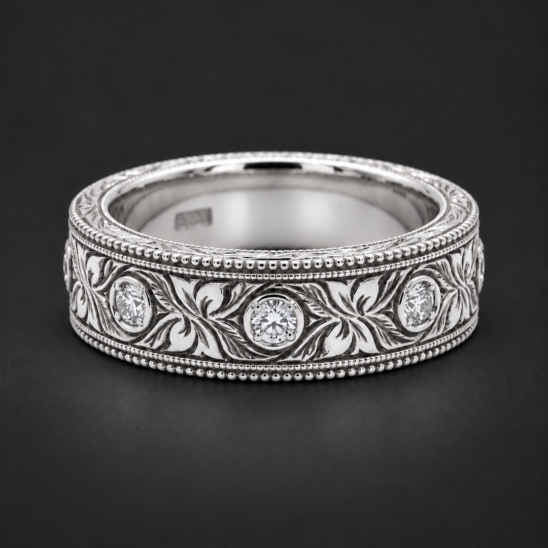 Hand-Carved Diamond Vintage Solid Gold Band (6mm) in white gold