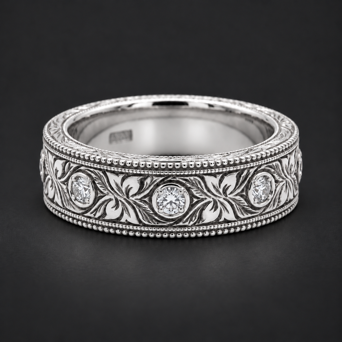 Hand-Carved Diamond Vintage Solid Gold Band (6mm) in white gold