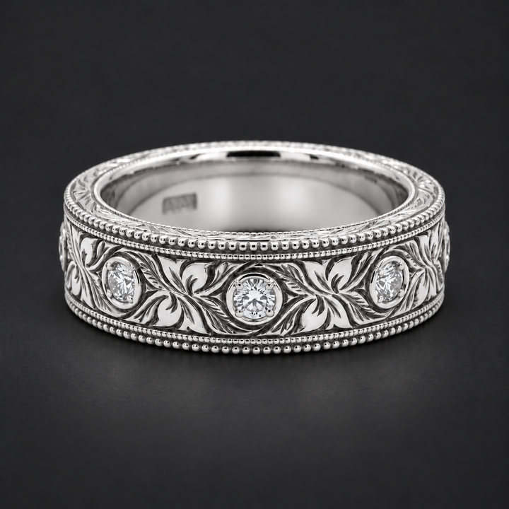 Hand-Carved Diamond Vintage Solid Gold Band (6mm) in white gold