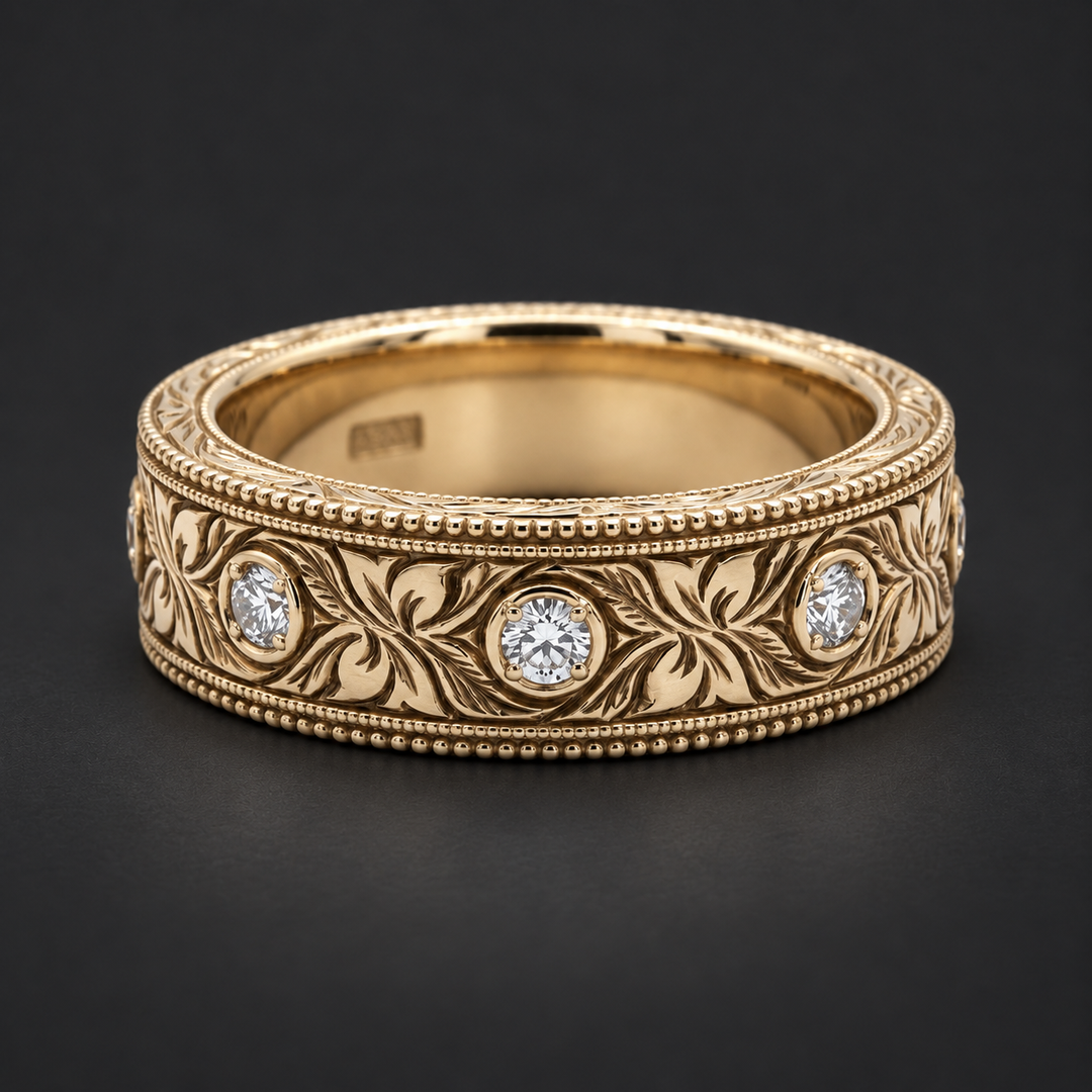 Hand-Carved Diamond Vintage Solid Gold Band (6mm) in yellow gold
