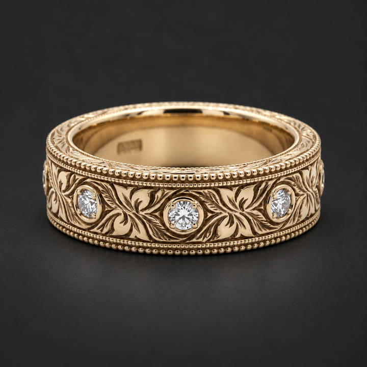 Hand-Carved Diamond Vintage Solid Gold Band (6mm) in yellow gold