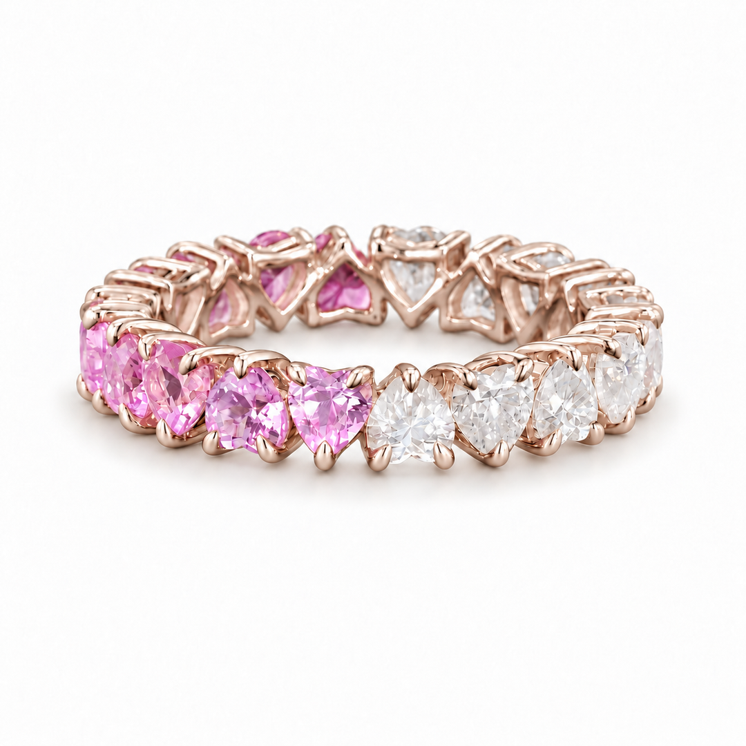 Heart Sakura Pink Sapphire & Diamond Eternity Band (3.5mm, 4.40ctw) in rose gold