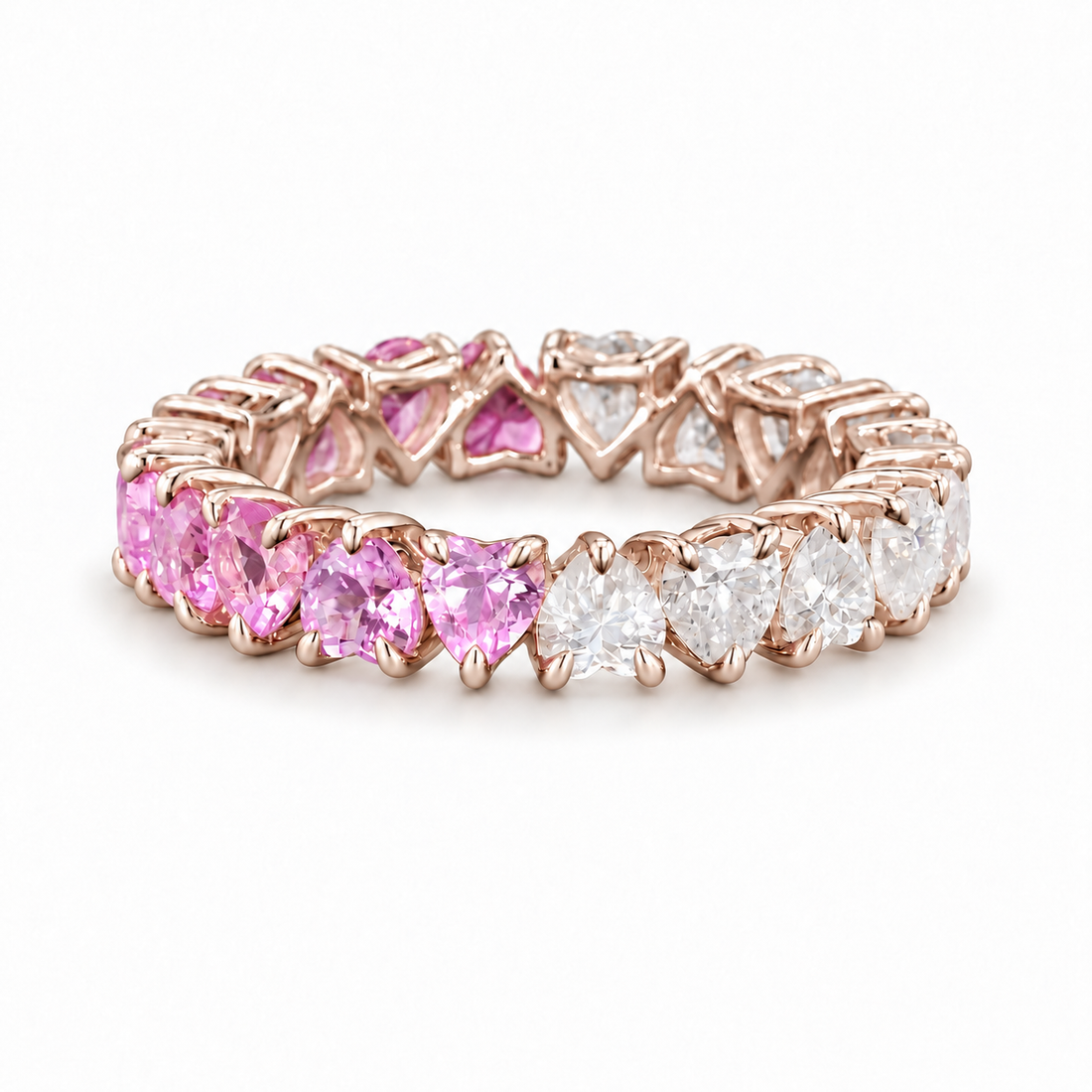 Heart Sakura Pink Sapphire & Diamond Eternity Band (3.5mm, 4.40ctw) in rose gold