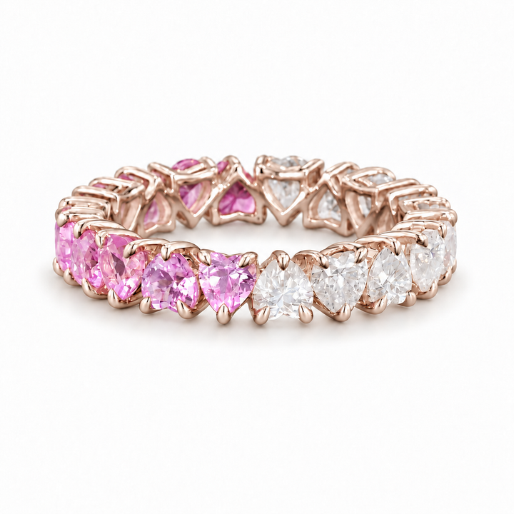 Heart Sakura Pink Sapphire & Diamond Eternity Band (3.5mm, 4.40ctw) in rose gold