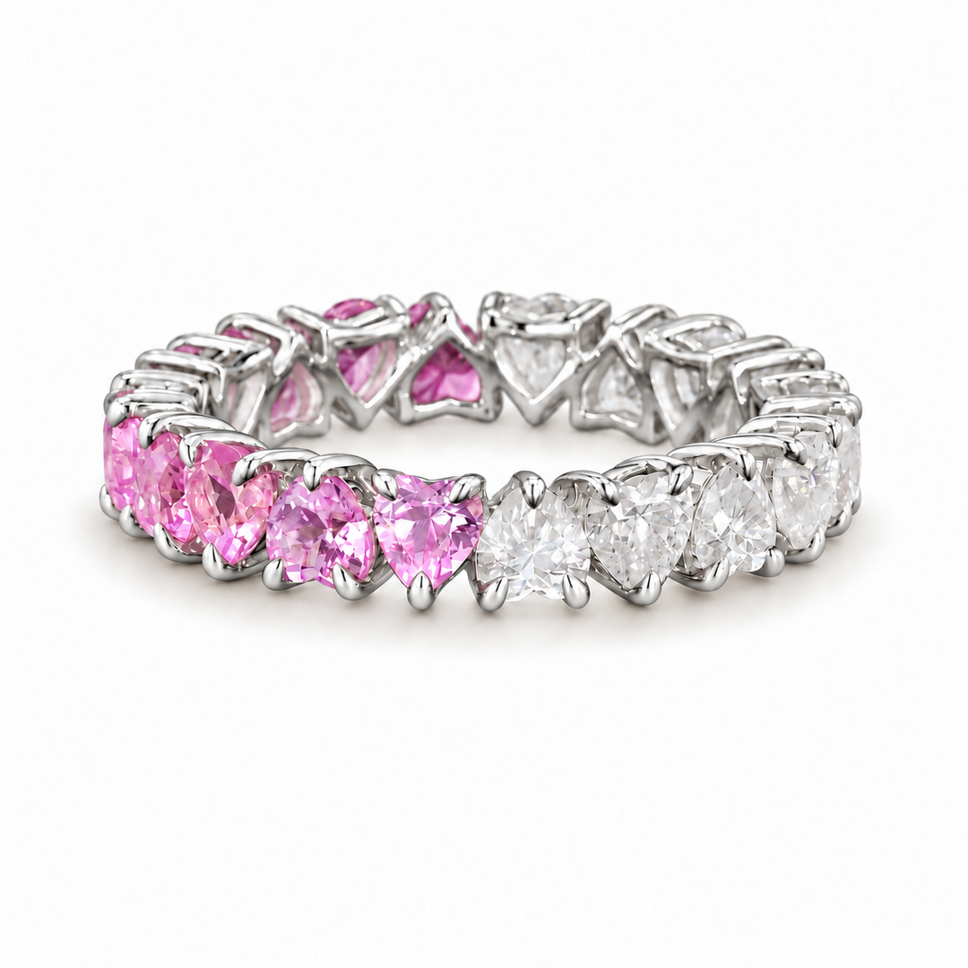 Heart Sakura Pink Sapphire & Diamond Eternity Band (3.5mm, 4.40ctw) in white gold