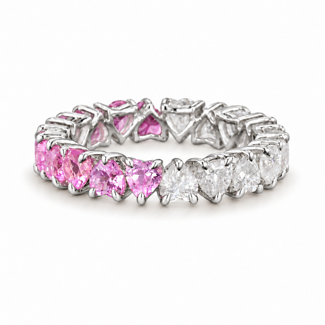 Heart Sakura Pink Sapphire & Diamond Eternity Band (3.5mm, 4.40ctw) in white gold