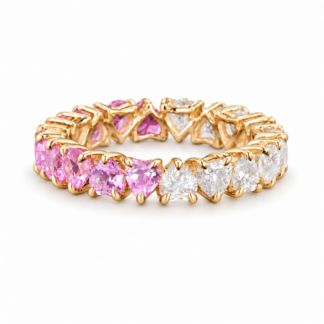 Heart Sakura Pink Sapphire & Diamond Eternity Band (3.5mm, 4.40ctw) in yellow gold