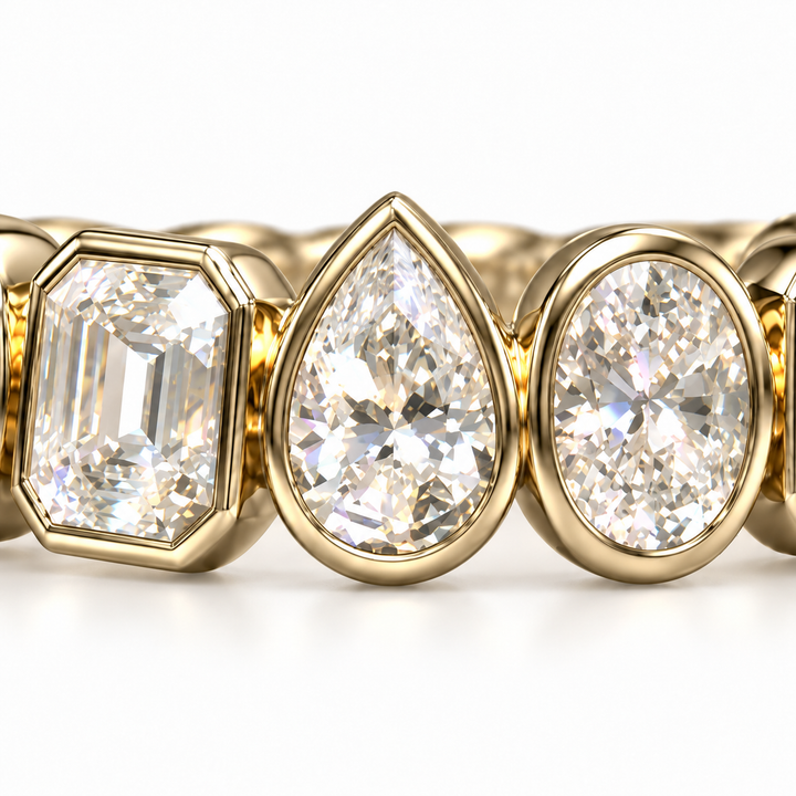 The Mosaic in 14K yellow gold, close-up of the emerald, pear and oval bezels