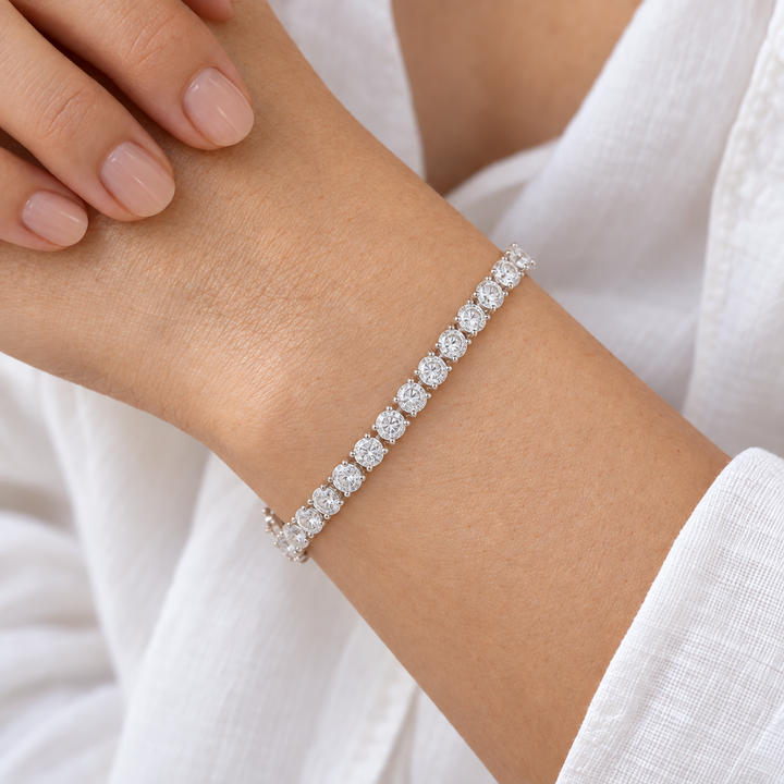 Round Lab Diamond Tennis Bracelet, 16ctw (5mm) worn on the wrist, shown true to size