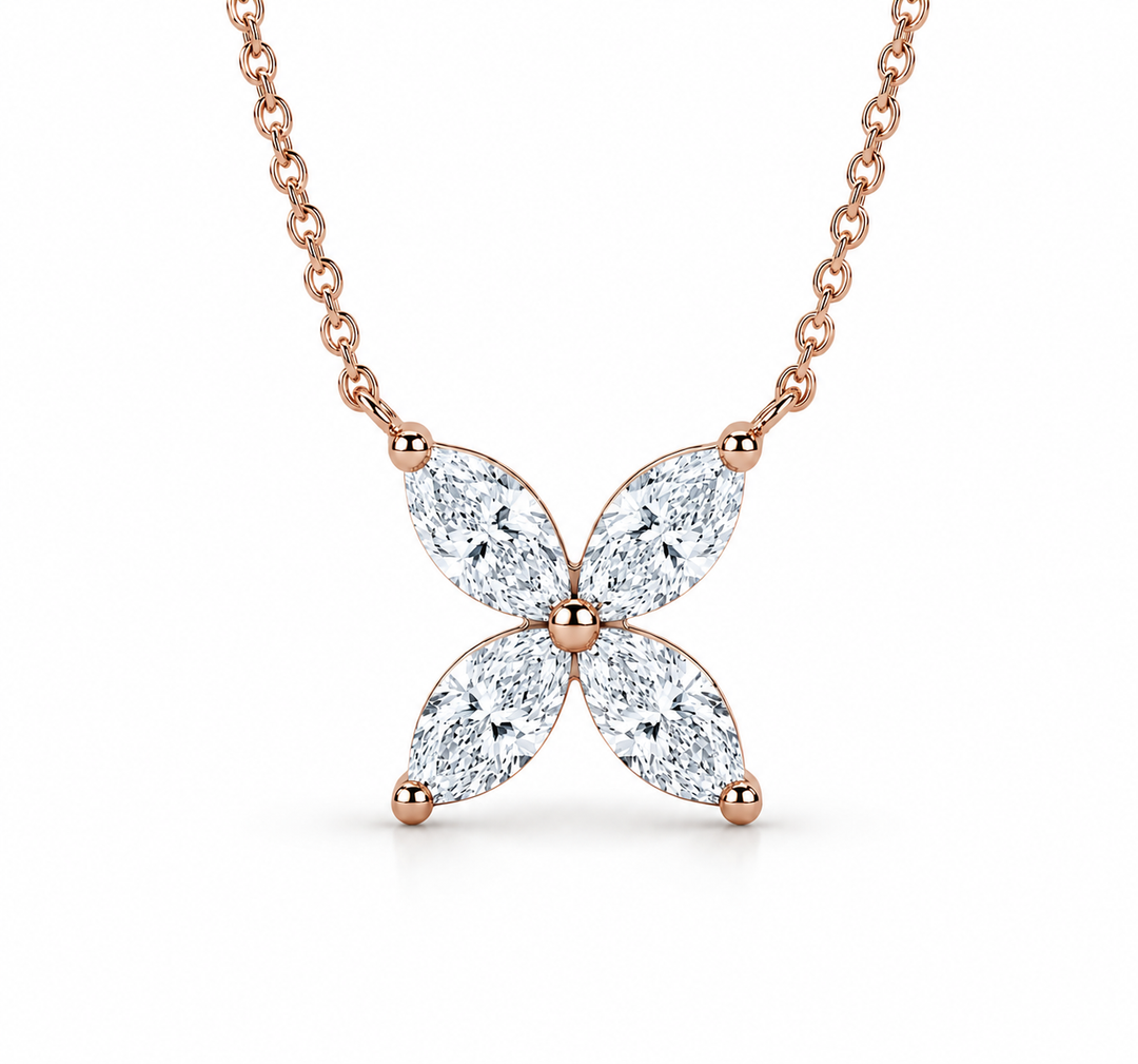 12mm, 0.9ct Marquise Cut Lab Diamond 4-Petal Flower Pendant Necklace in 14K Solid White Gold