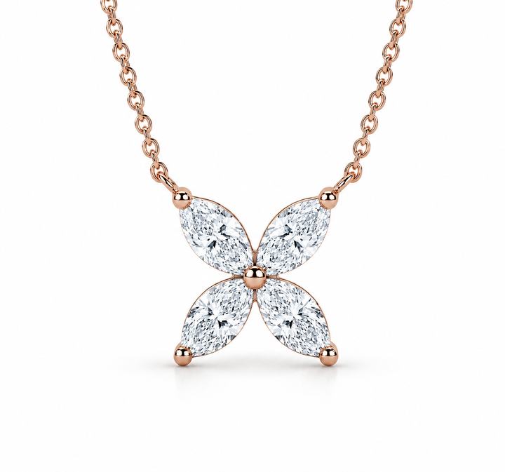 12mm, 0.9ct Marquise Cut Lab Diamond 4-Petal Flower Pendant Necklace in 14K Solid White Gold
