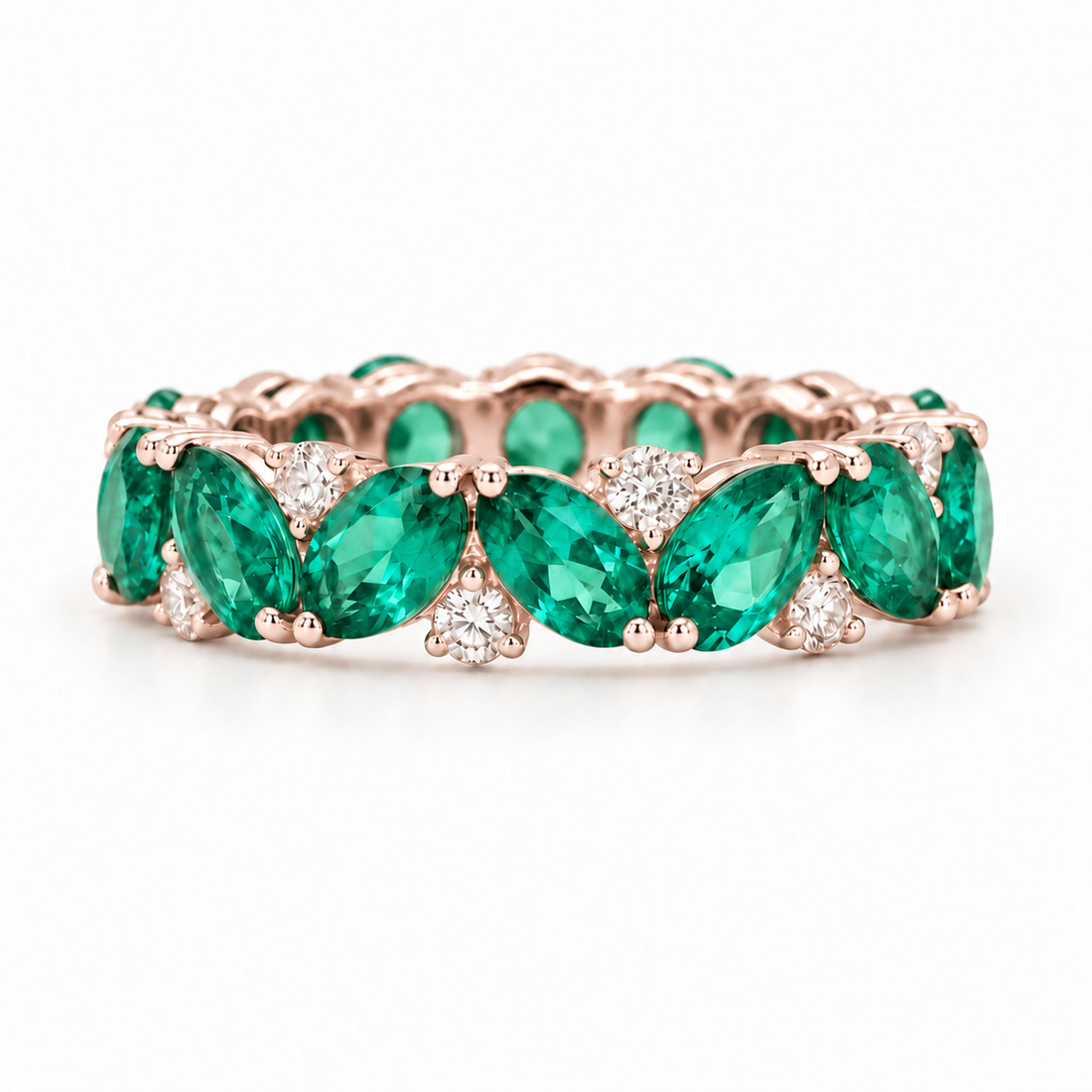 Pear Colombian Emerald & Round Diamond Eternity Band (3.5mm, 1.78ctw) in rose gold