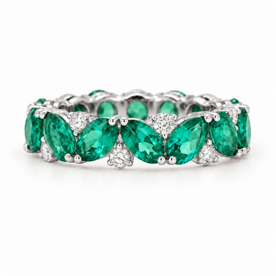 Pear Colombian Emerald & Round Diamond Eternity Band (3.5mm, 1.78ctw)