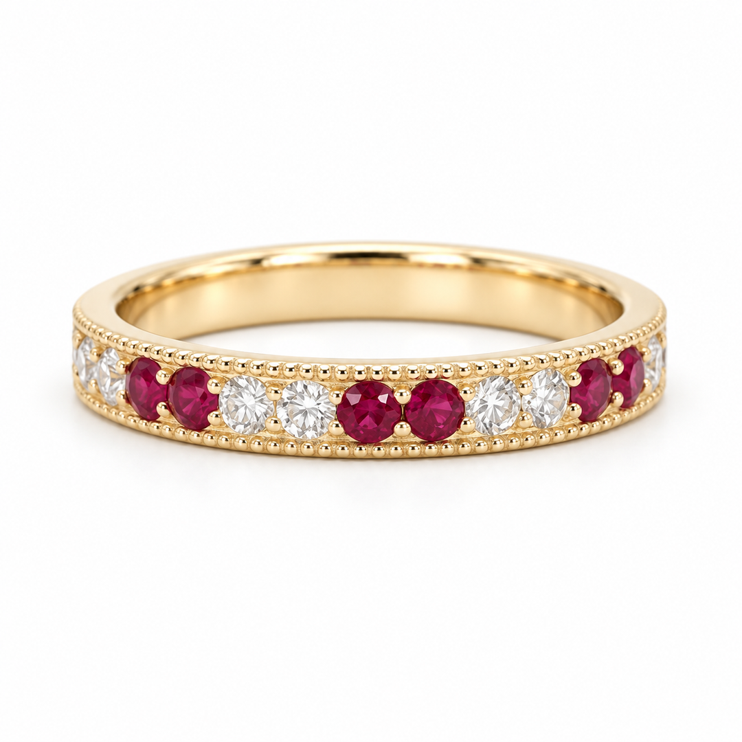 Ruby & Diamond Eternity Vintage Band (2.5mm, 1.25ctw) in yellow gold