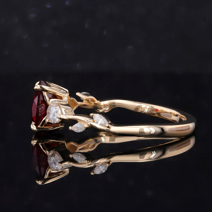 7x9mm, 2.50ct Oval Lab-Grown Red Ruby Ring with Floral Diamond Band in 14K Yellow Gold