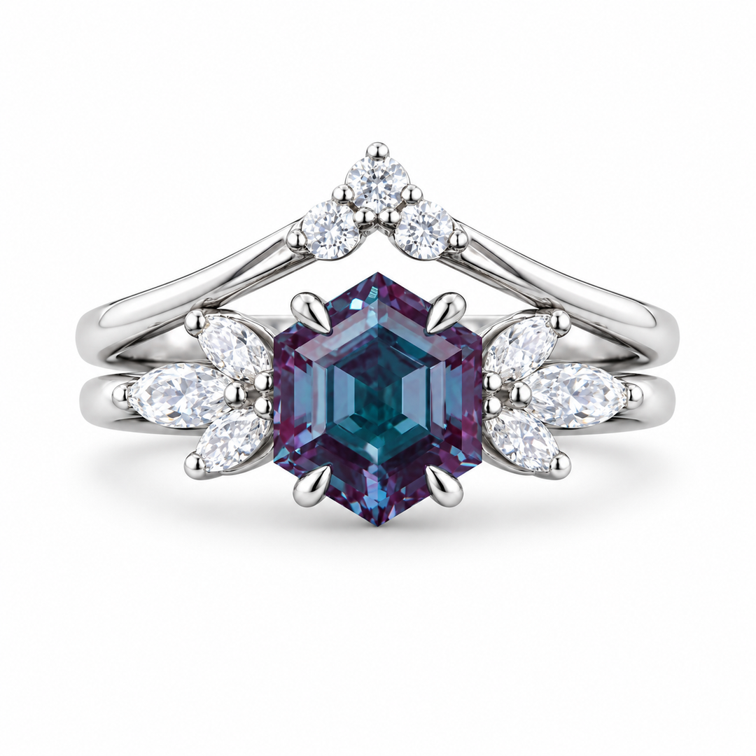 The Astra — Hexagon Alexandrite Ring in white gold