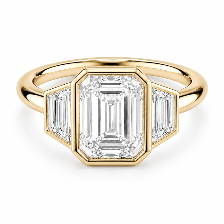 Paragon Trilogy emerald-cut lab diamond three-stone ring in 14K yellow gold, front view on white