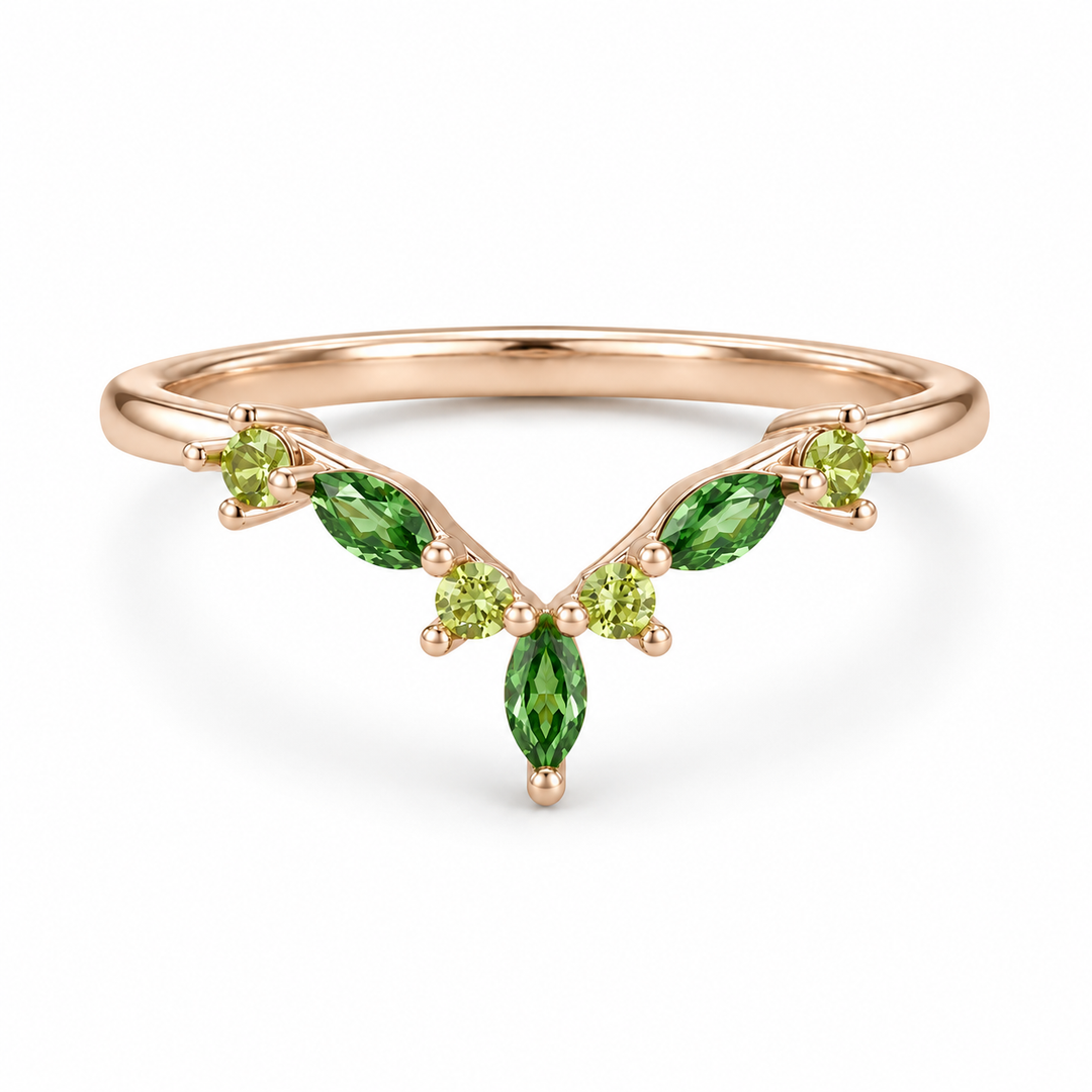 The Elowen — Emerald & Peridot Chevron Band in rose gold