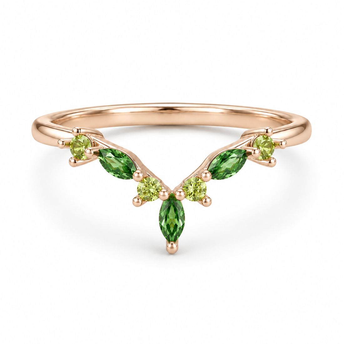 The Elowen — Emerald & Peridot Chevron Band in rose gold