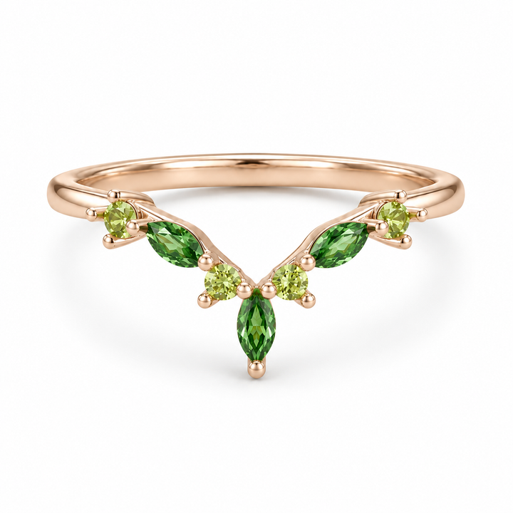 The Elowen — Emerald & Peridot Chevron Band in rose gold