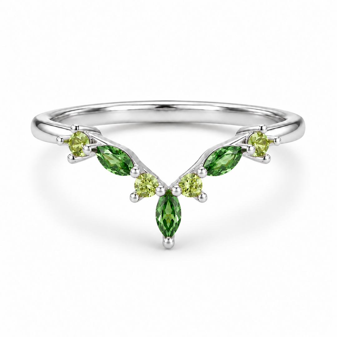 The Elowen — Emerald & Peridot Chevron Band in white gold