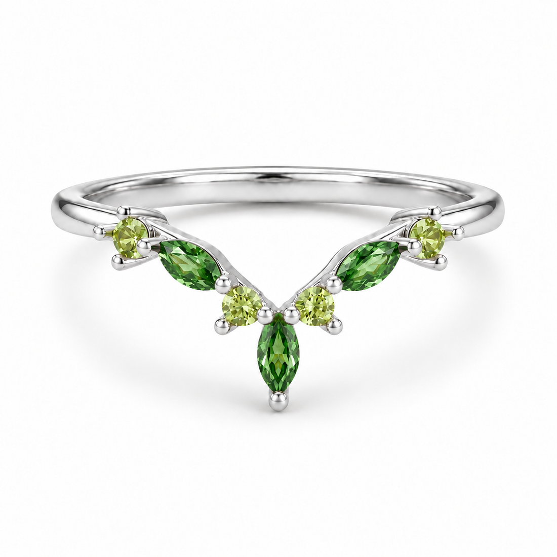 The Elowen — Emerald & Peridot Chevron Band in white gold