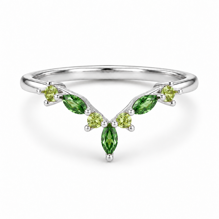 The Elowen — Emerald & Peridot Chevron Band in white gold
