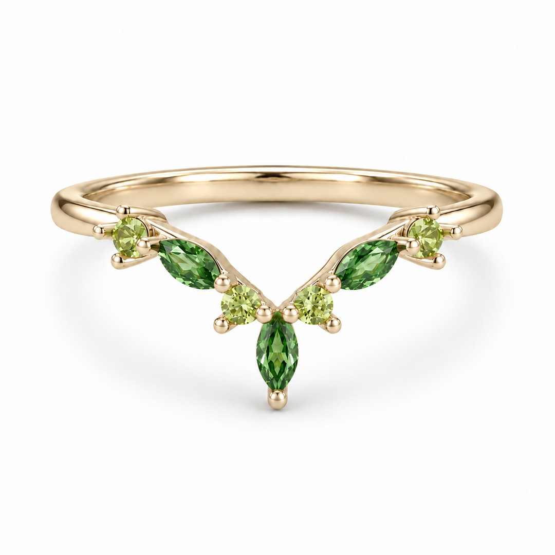 The Elowen — Emerald & Peridot Chevron Band in yellow gold