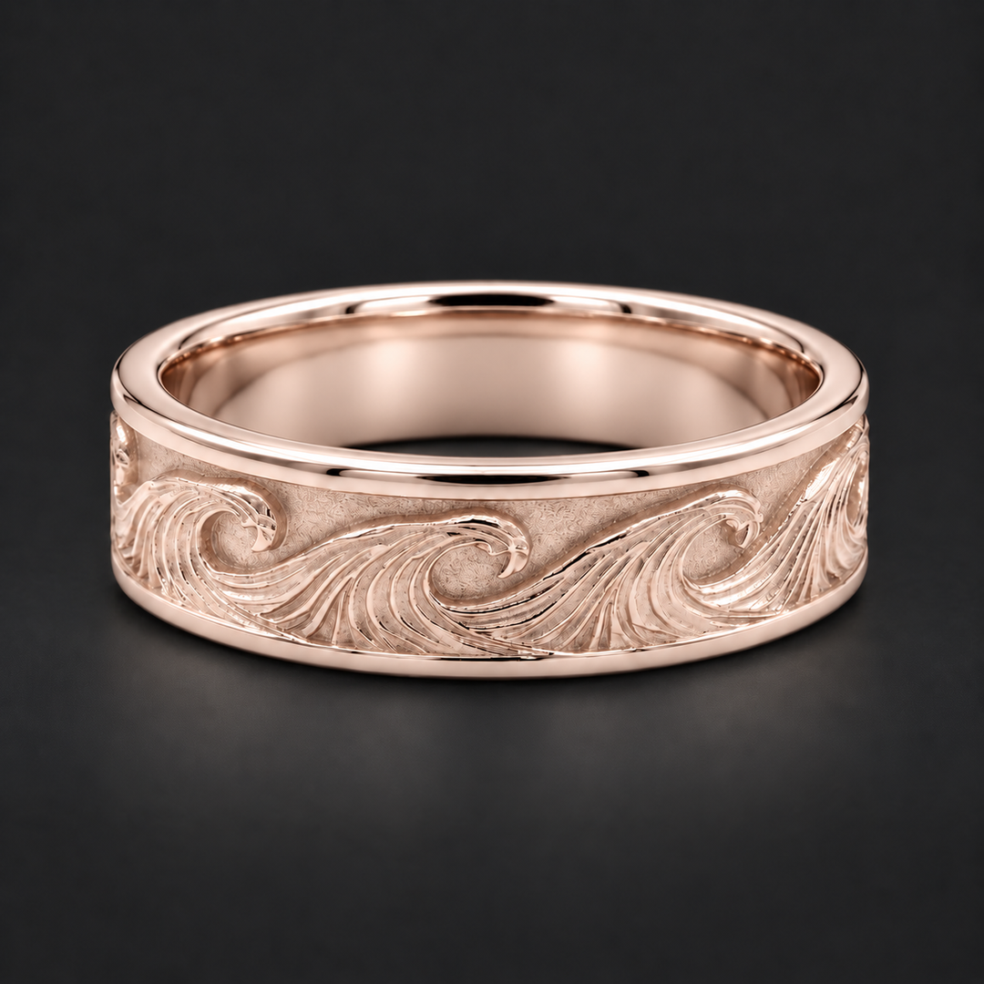 The Kanagawa — 7mm Ocean Wave Solid Gold Wedding Band in rose gold