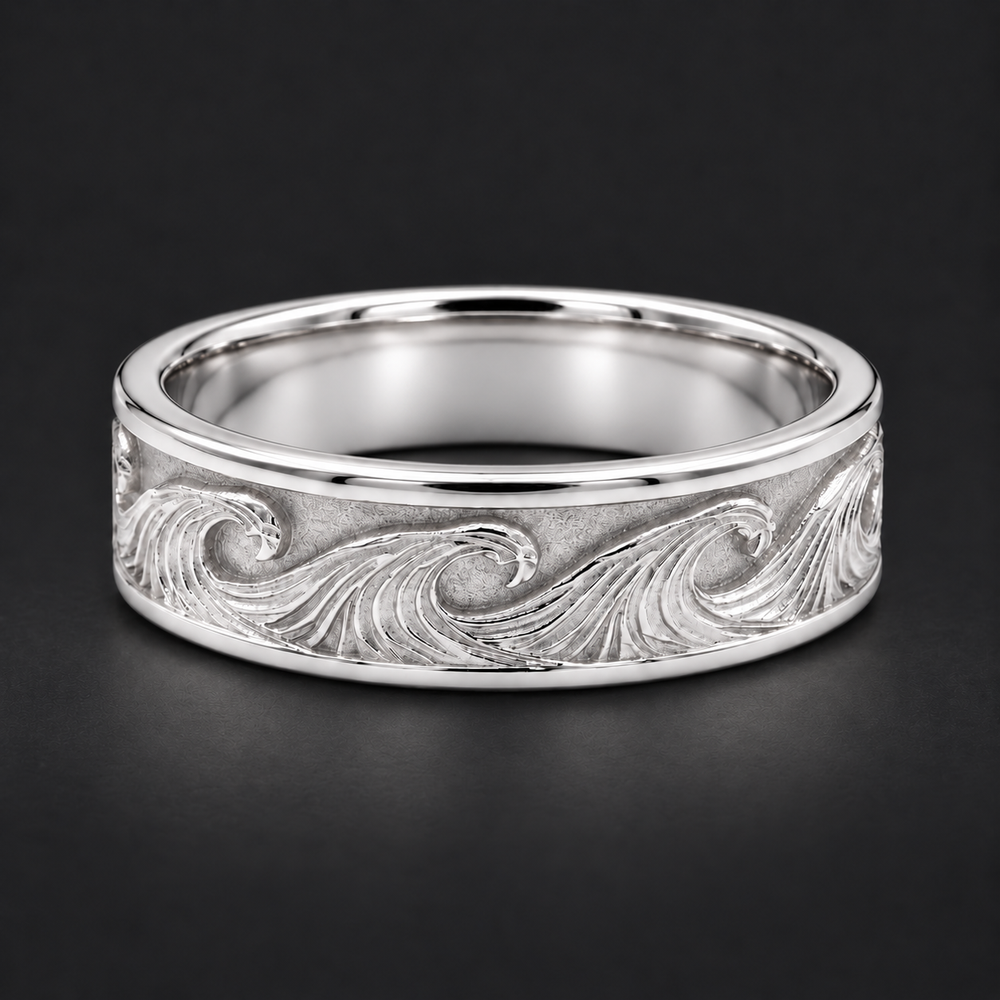The Kanagawa — 7mm Ocean Wave Solid Gold Wedding Band in white gold