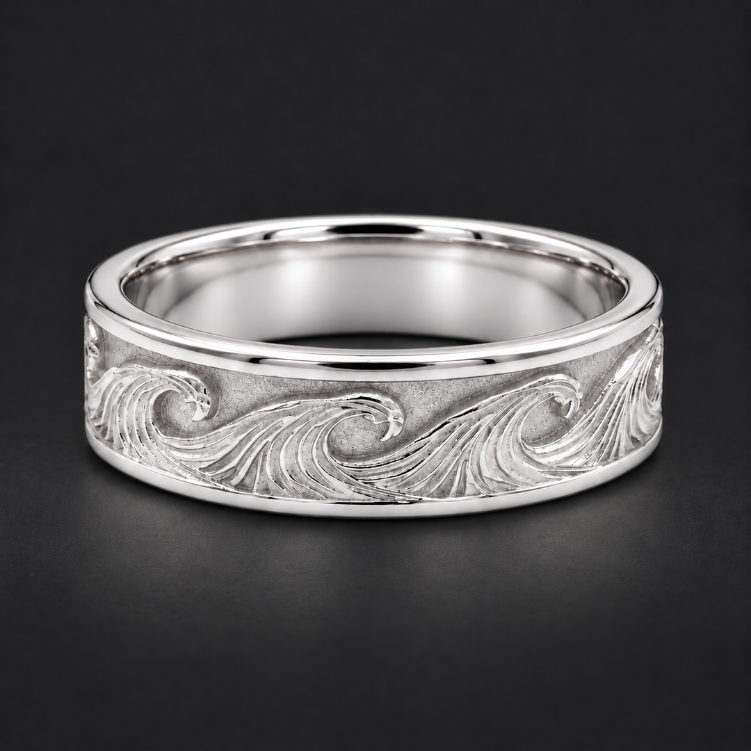 The Kanagawa — 7mm Ocean Wave Solid Gold Wedding Band in white gold