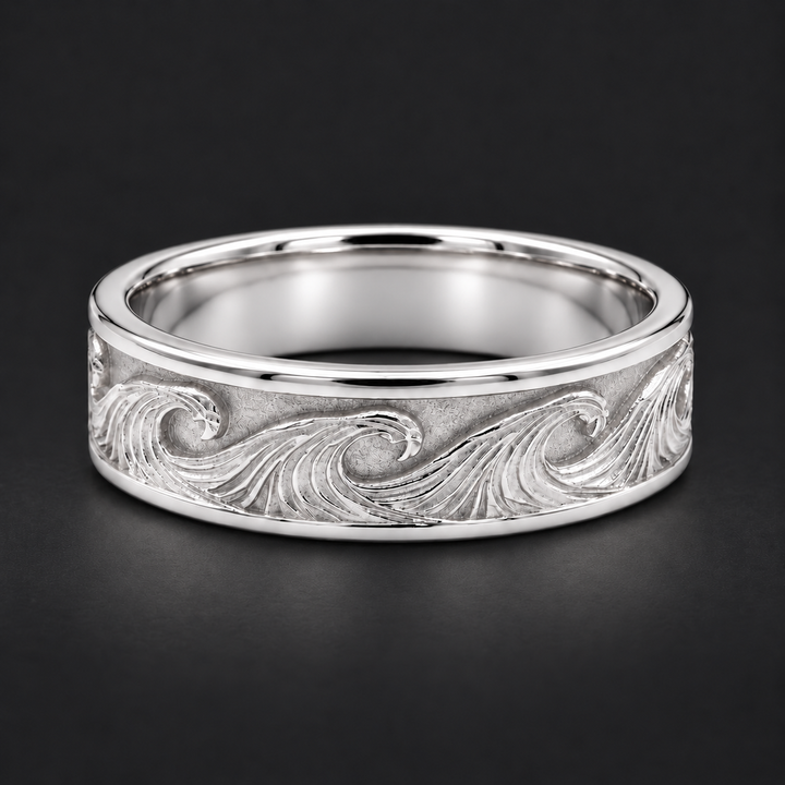 The Kanagawa — 7mm Ocean Wave Solid Gold Wedding Band in white gold