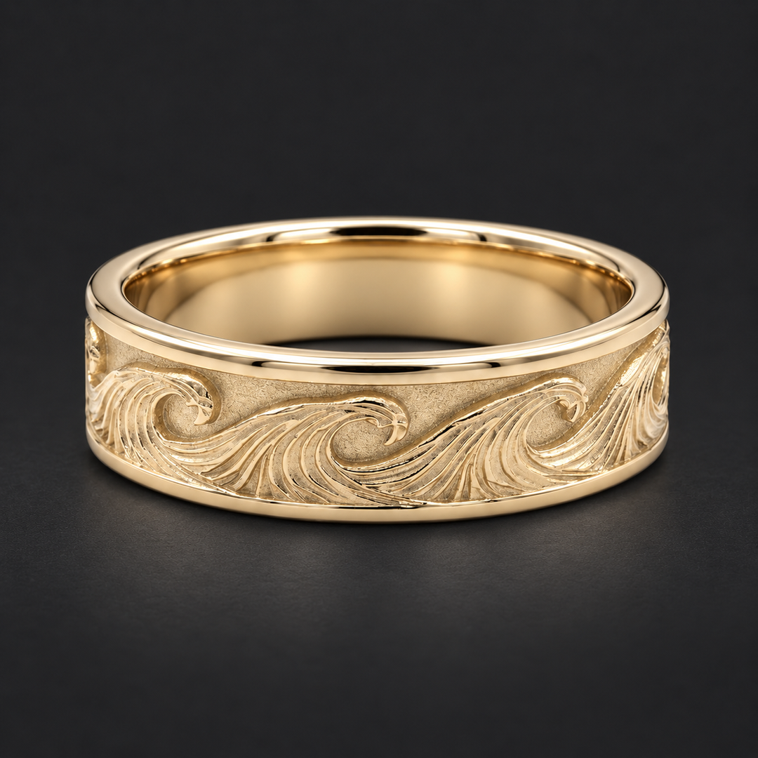 The Kanagawa — 7mm Ocean Wave Solid Gold Wedding Band in yellow gold