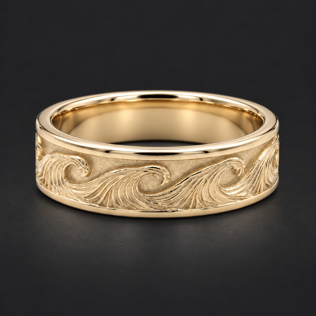 The Kanagawa — 7mm Ocean Wave Solid Gold Wedding Band in yellow gold