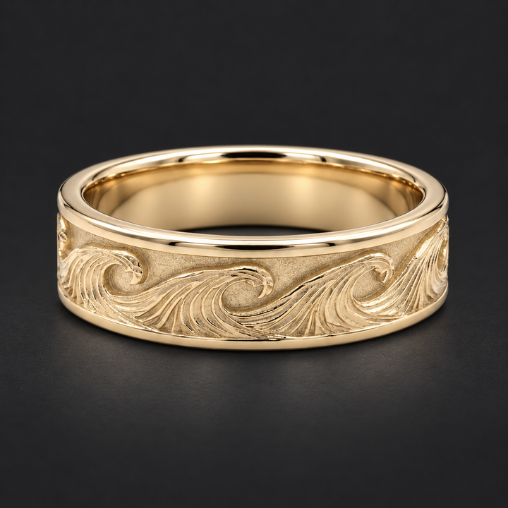 The Kanagawa — 7mm Ocean Wave Solid Gold Wedding Band in yellow gold