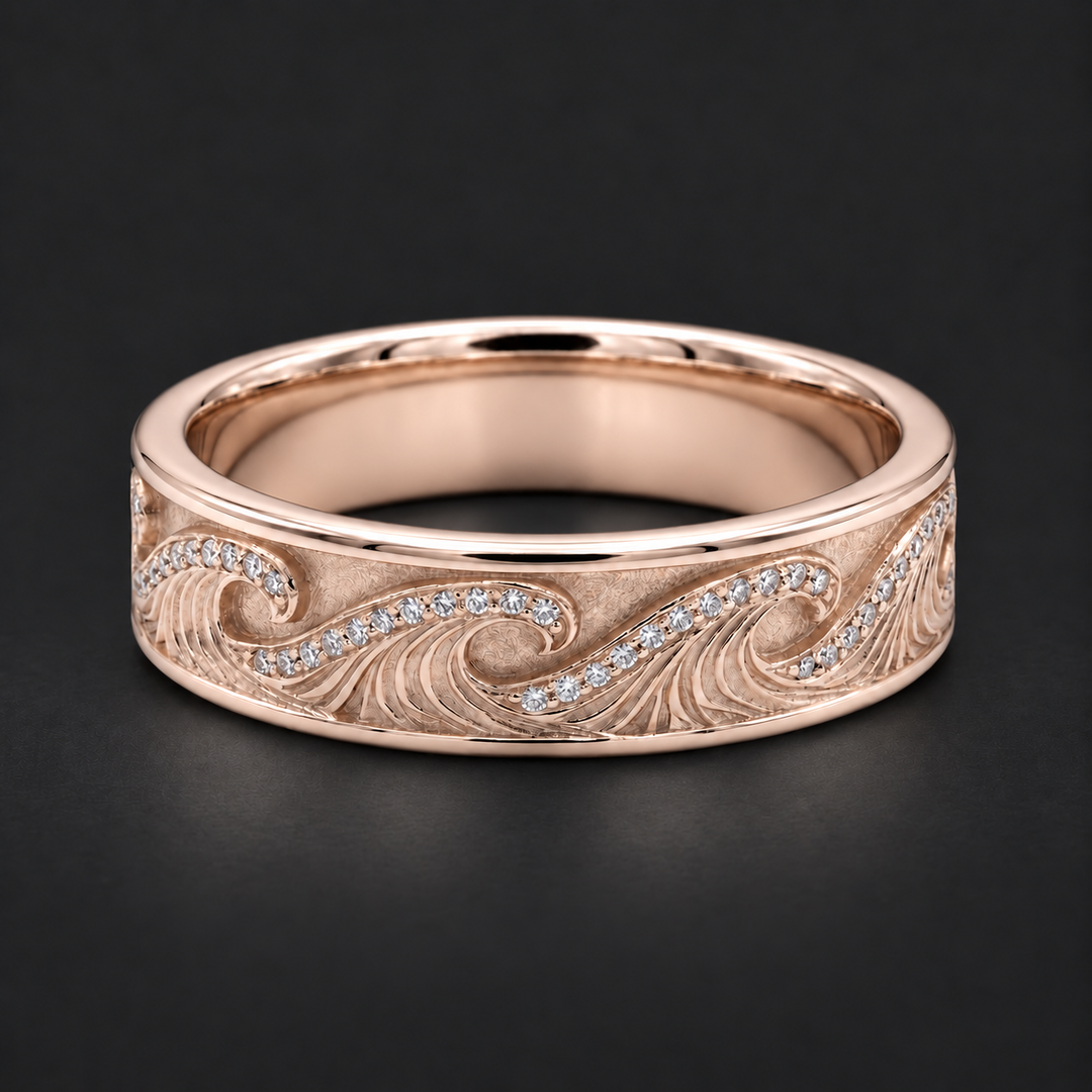 The Ocean Wave — 4mm Hand-Carved Gold/Diamond Wedding Band in rose gold