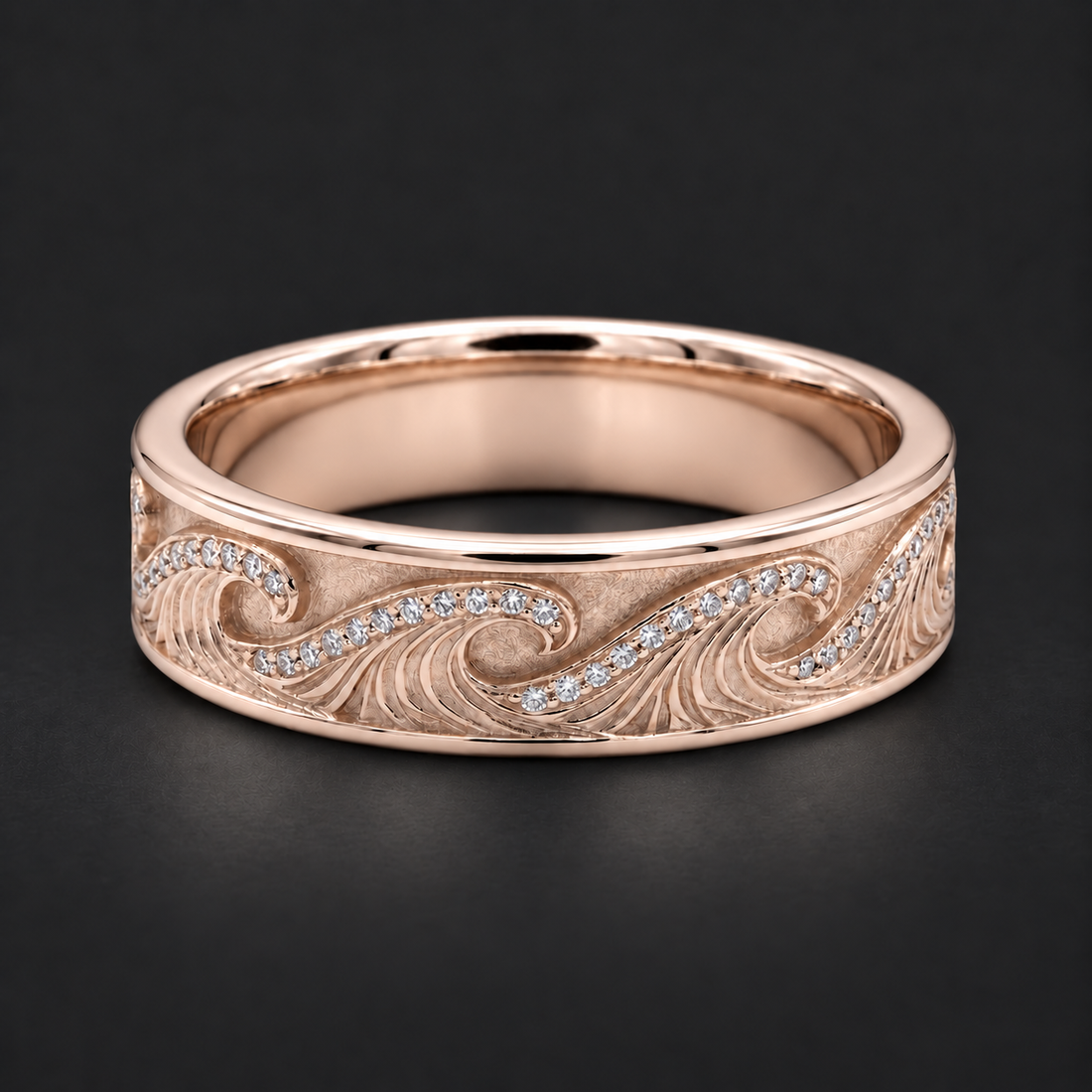 The Ocean Wave — 4mm Hand-Carved Gold/Diamond Wedding Band in rose gold