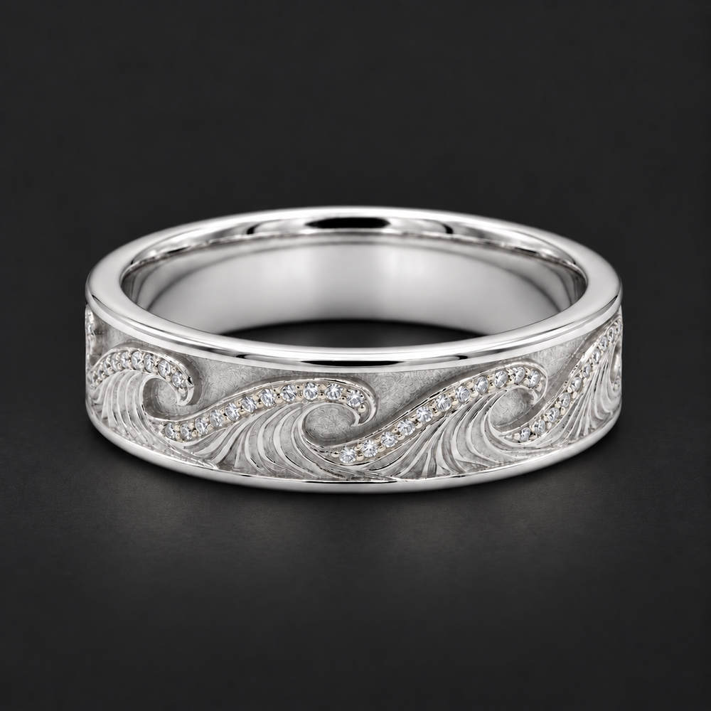 The Ocean Wave — 4mm Hand-Carved Gold/Diamond Wedding Band in white gold