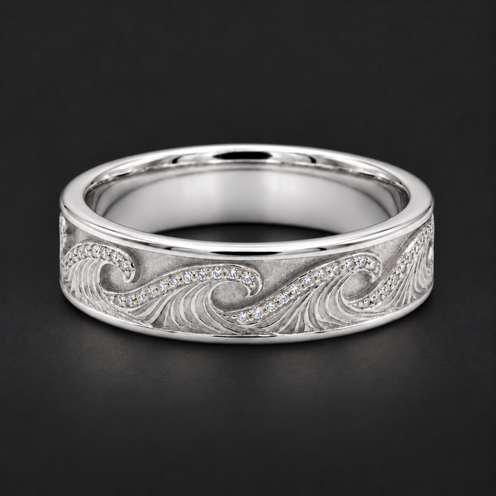 The Ocean Wave — 4mm Hand-Carved Gold/Diamond Wedding Band in white gold