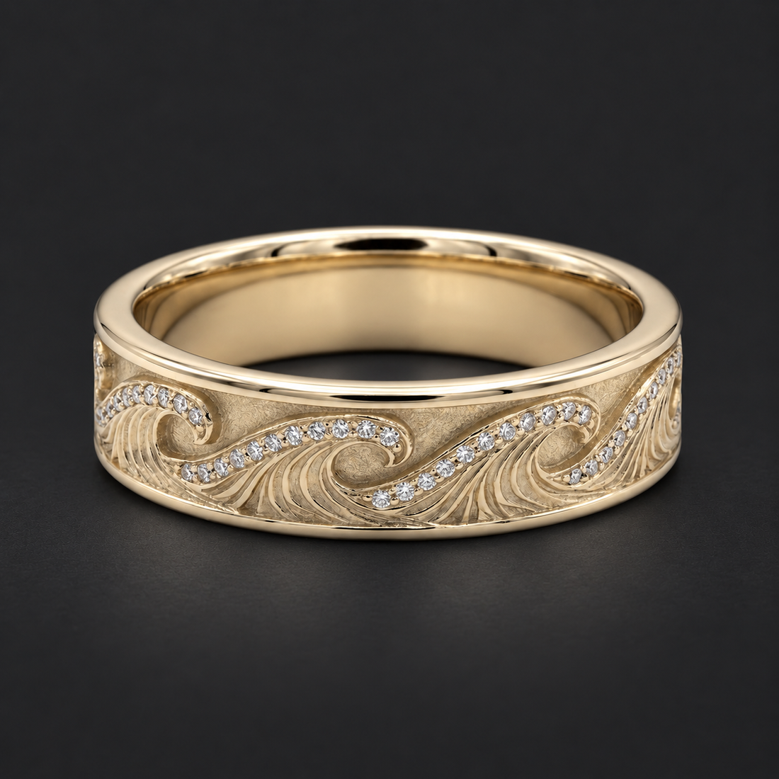 The Ocean Wave — 4mm Hand-Carved Gold/Diamond Wedding Band in yellow gold