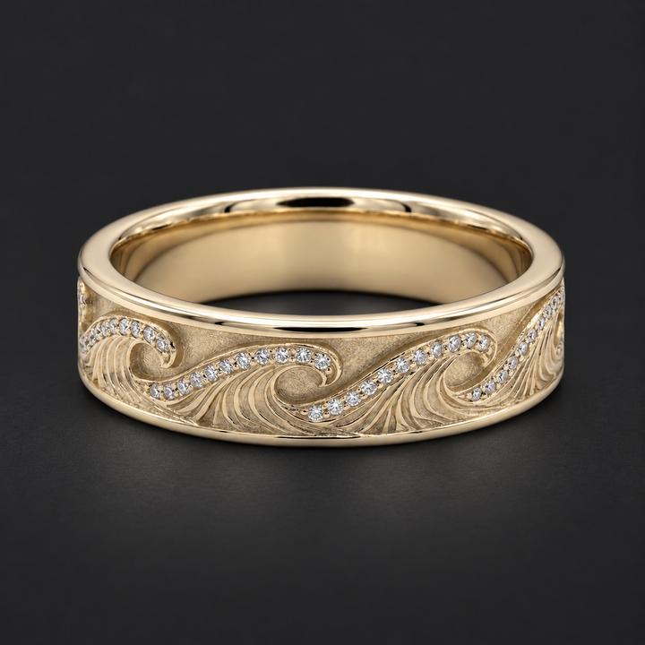 The Ocean Wave — 4mm Hand-Carved Gold/Diamond Wedding Band in yellow gold