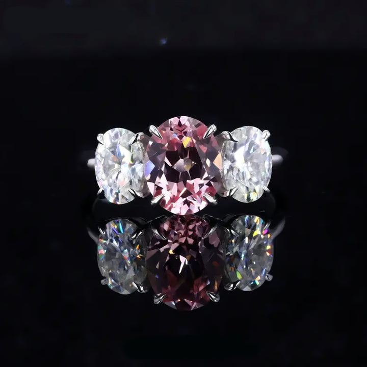 7x9mm, 2.50ct Oval Lab-Grown Sakura Pink Sapphire with Diamonds Three-Stone Ring in 14K White Gold