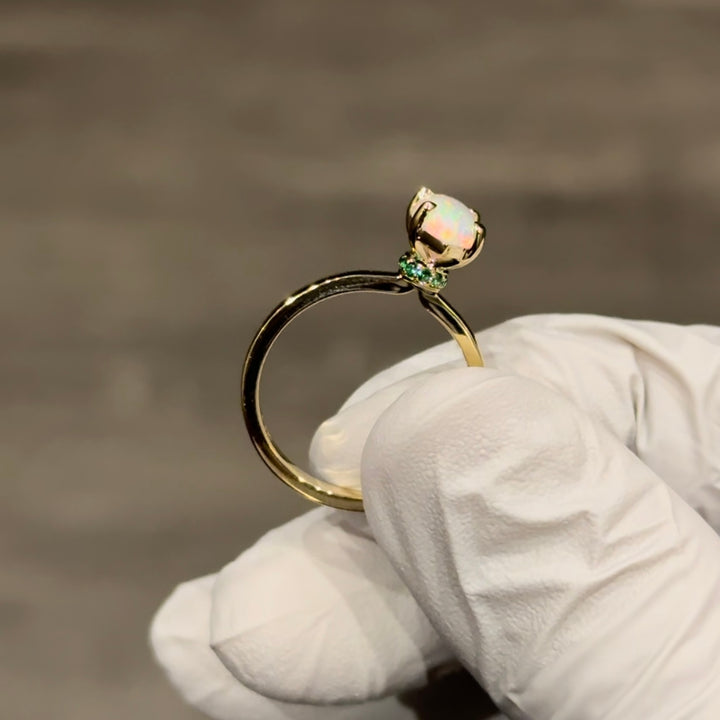 Customized™ 6x12mm, 1.70ct Marquise Cut Opal with Emerald Hidden Halo Ring in Yellow Gold