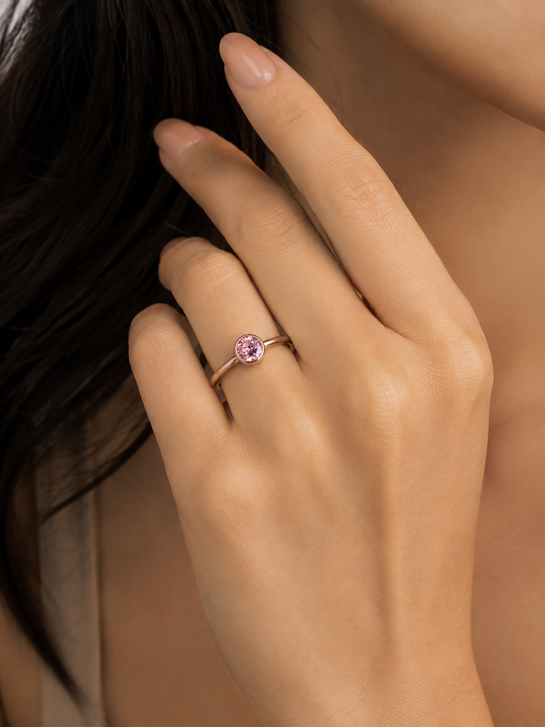The Lune — Pink Round Sapphire Bezel Solitaire Ring