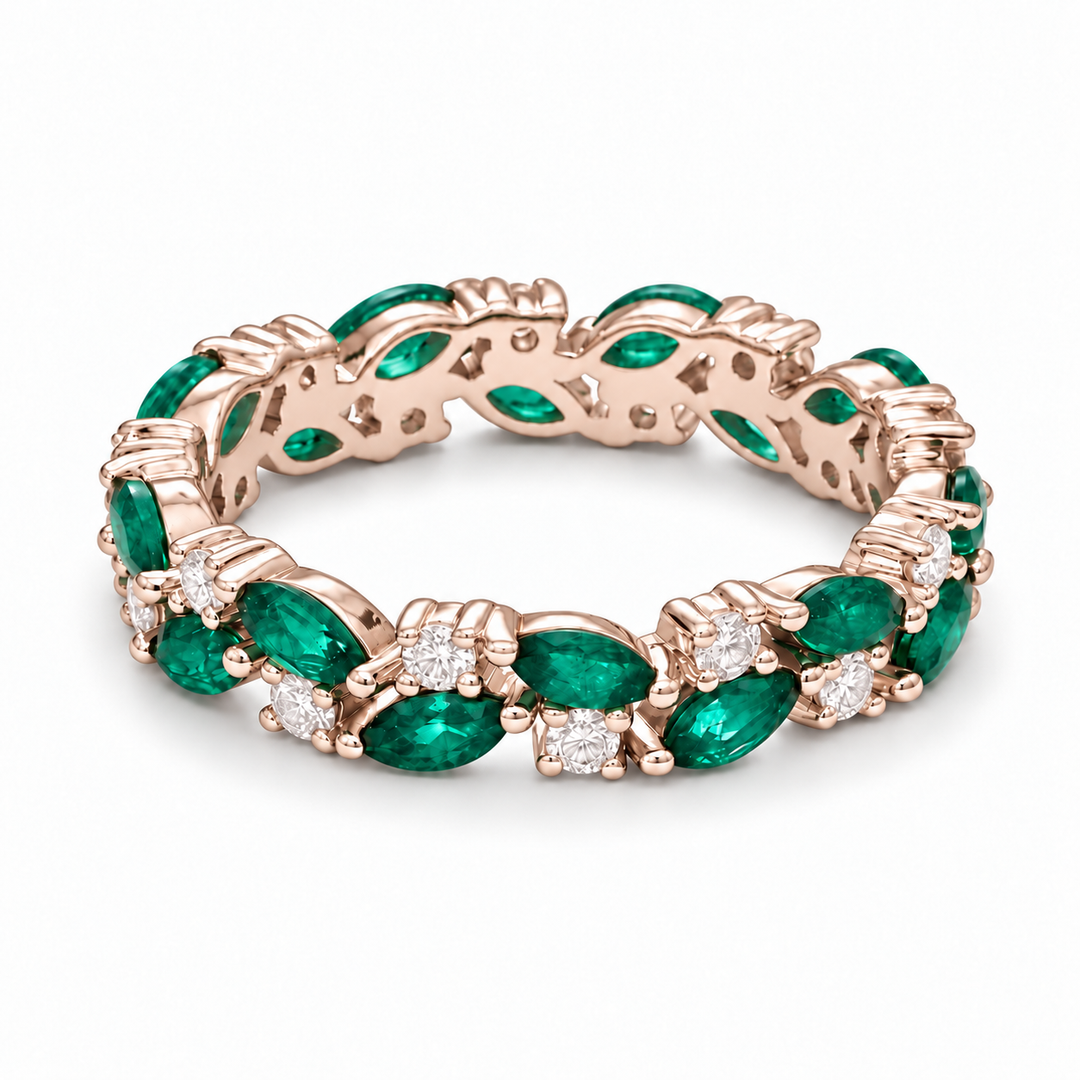 Zambian Marquise Emerald & Round Diamond Eternity Band (4mm, 1.30ctw) in rose gold