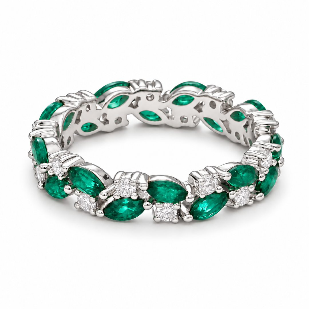 Zambian Marquise Emerald & Round Diamond Eternity Band (4mm, 1.30ctw) in white gold