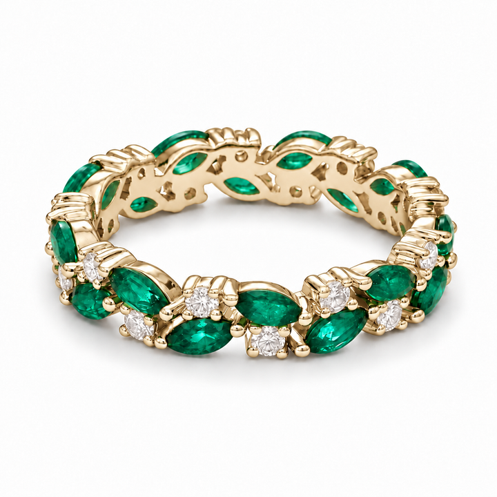 Zambian Marquise Emerald & Round Diamond Eternity Band (4mm, 1.30ctw) in yellow gold
