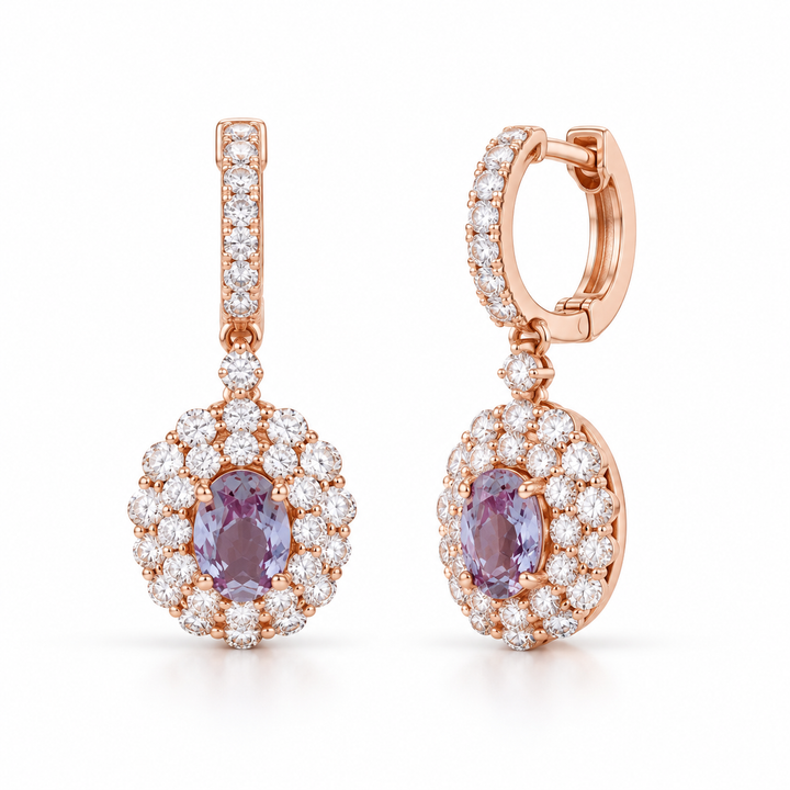 Oval Lab Alexandrite Halo Drop Earrings in 14K Rose Gold