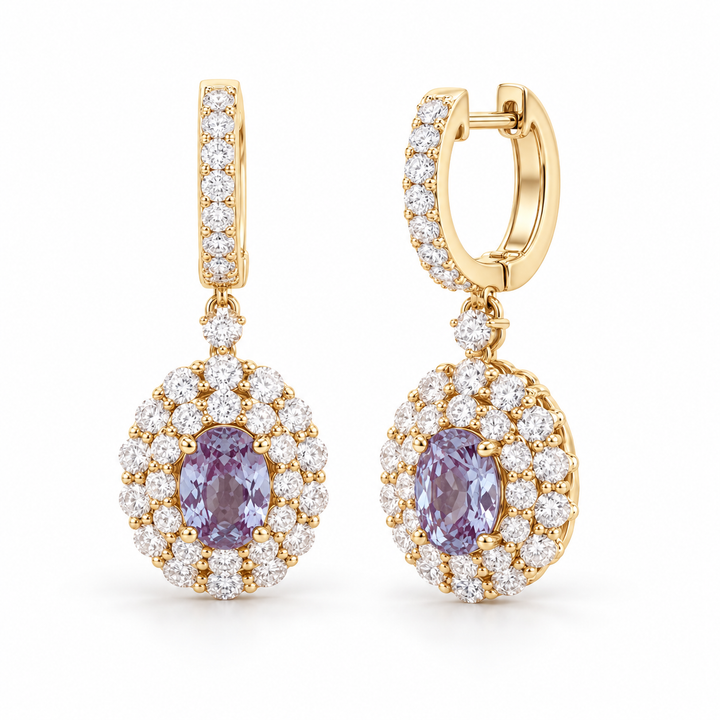 Oval Lab Alexandrite Halo Drop Earrings in 14K Yellow Gold