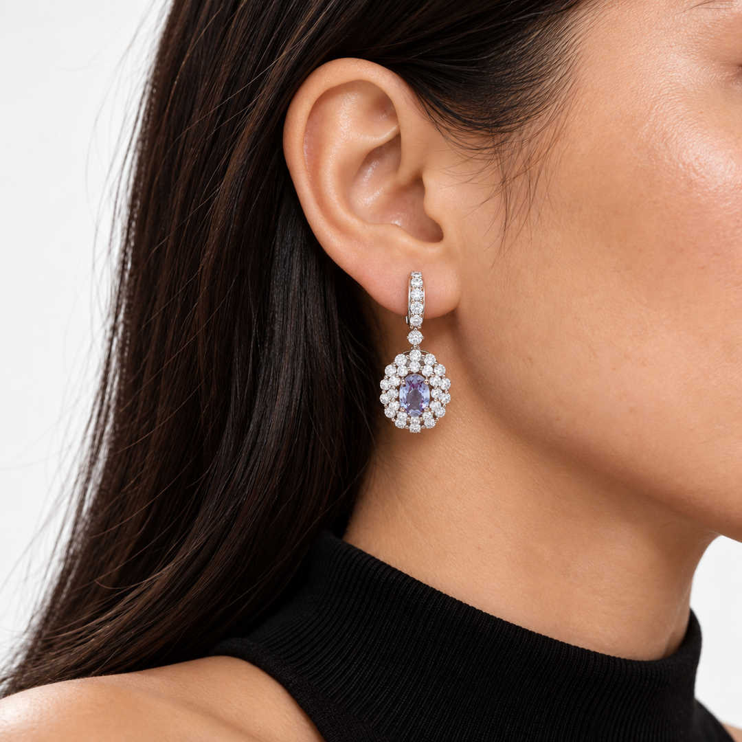 Oval Lab Alexandrite Halo Drop Earrings worn on the ear